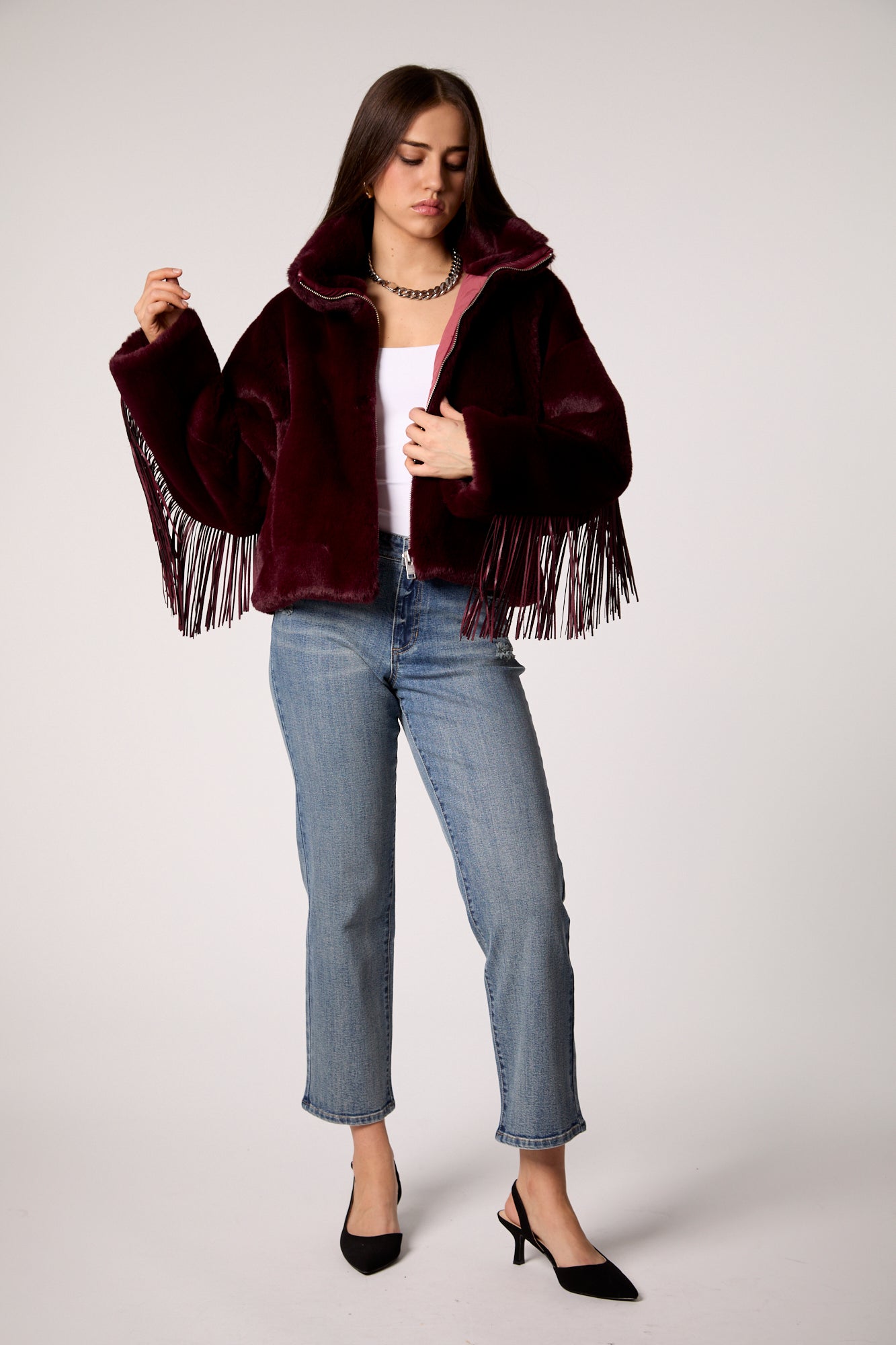 Dancing In The Moonlight Fringe Jacket in Merlot