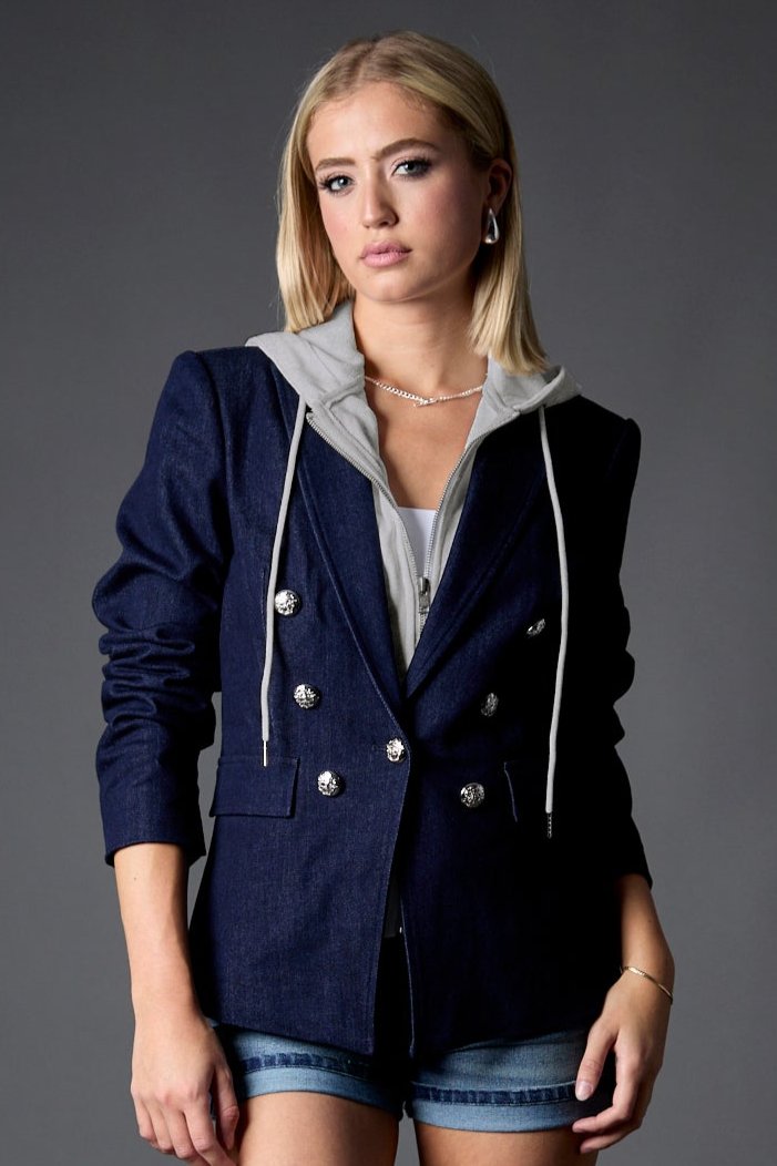 Hooded Helen Blazer in Rinse With Grey Hoodie