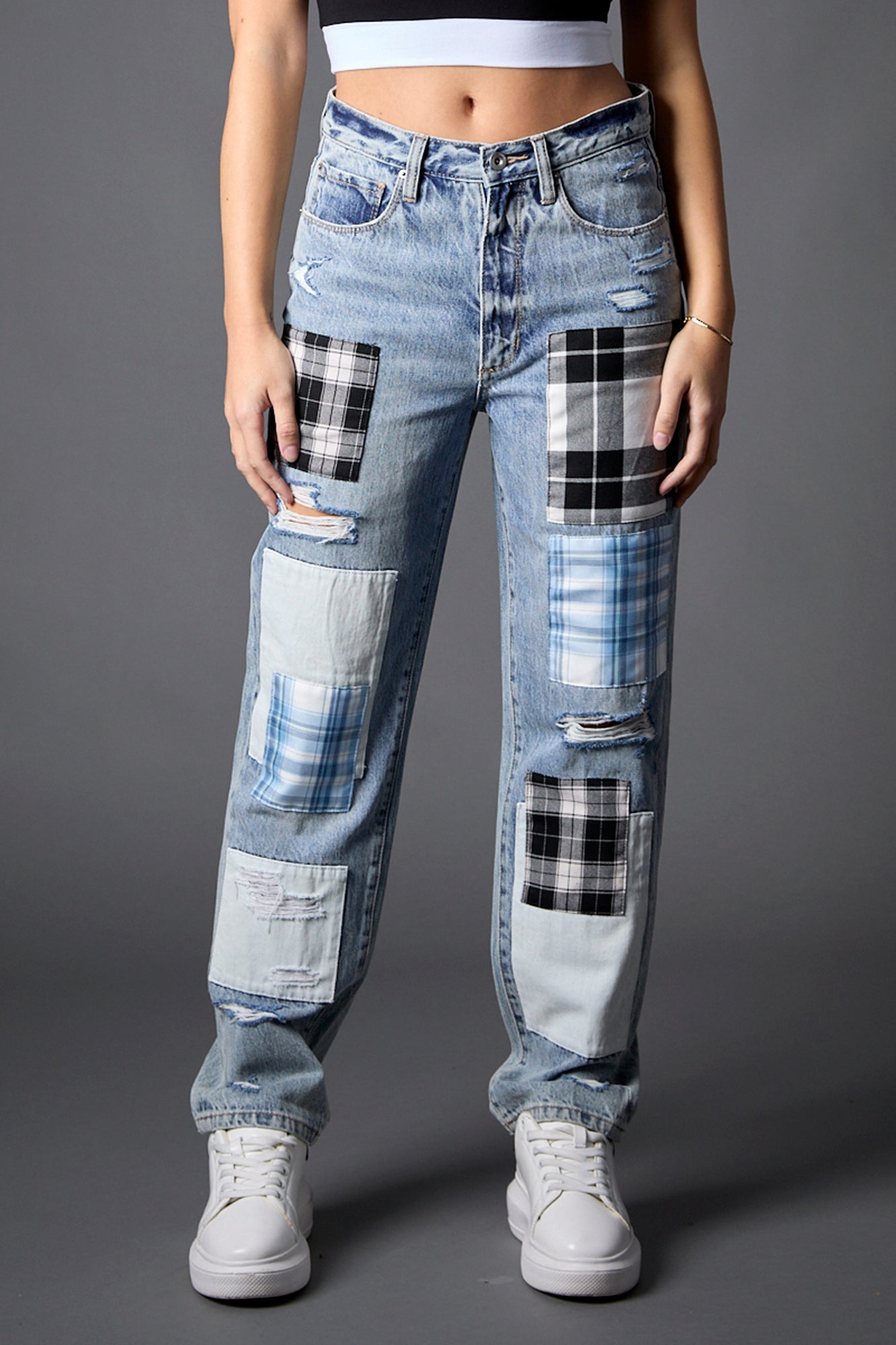 Plaid Patchwork Straight Jean in Ibiza