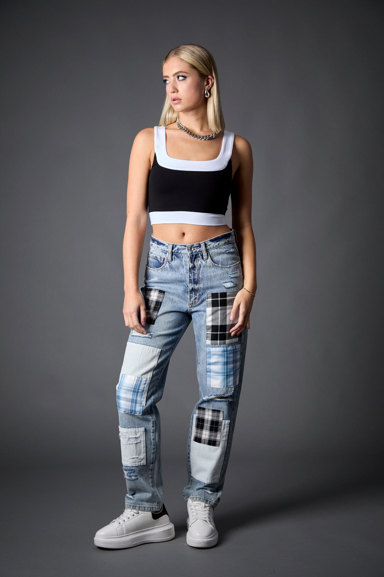 Plaid Patchwork Straight Jean in Ibiza