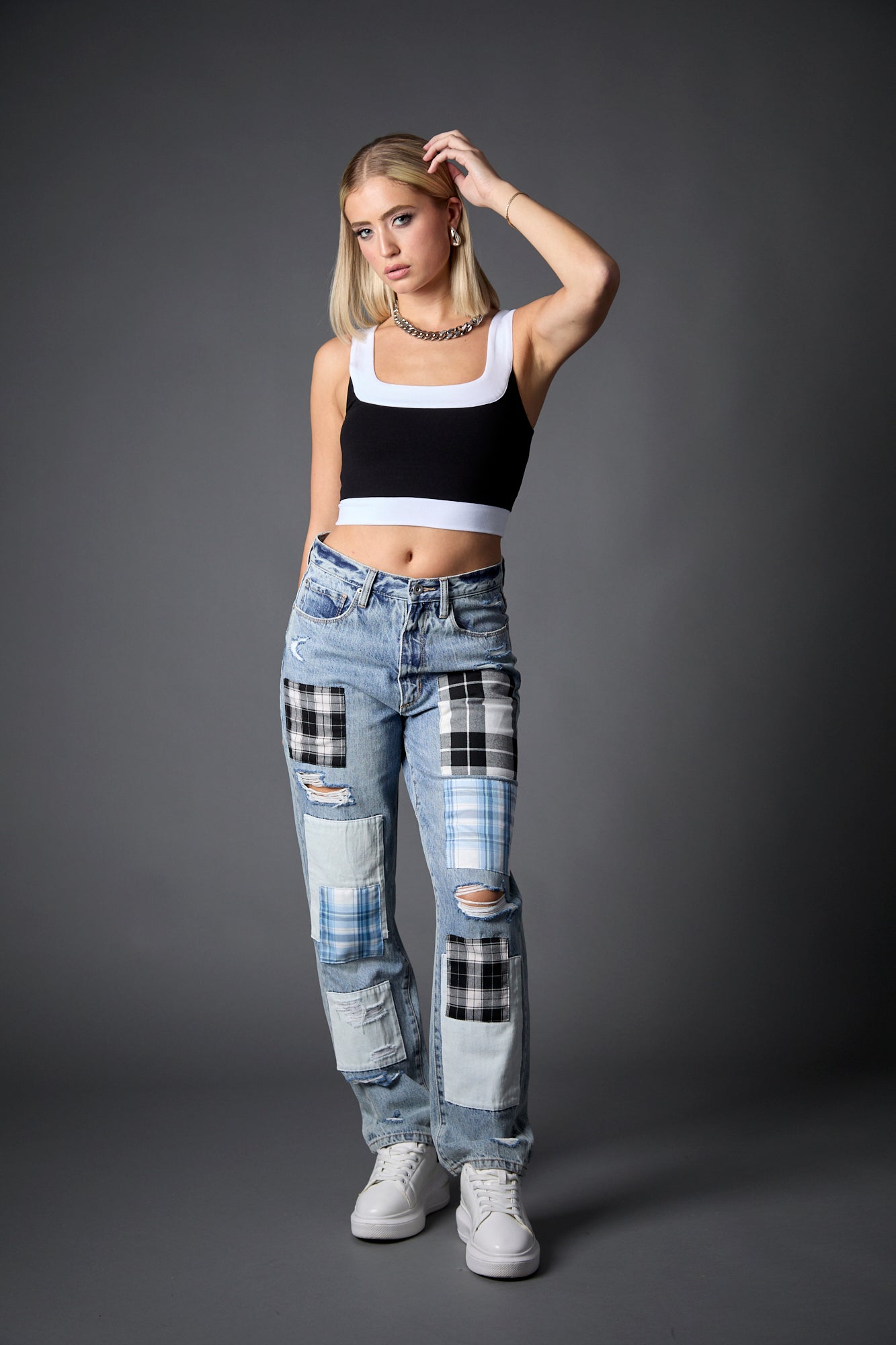 Plaid Patchwork Straight Jean in Ibiza