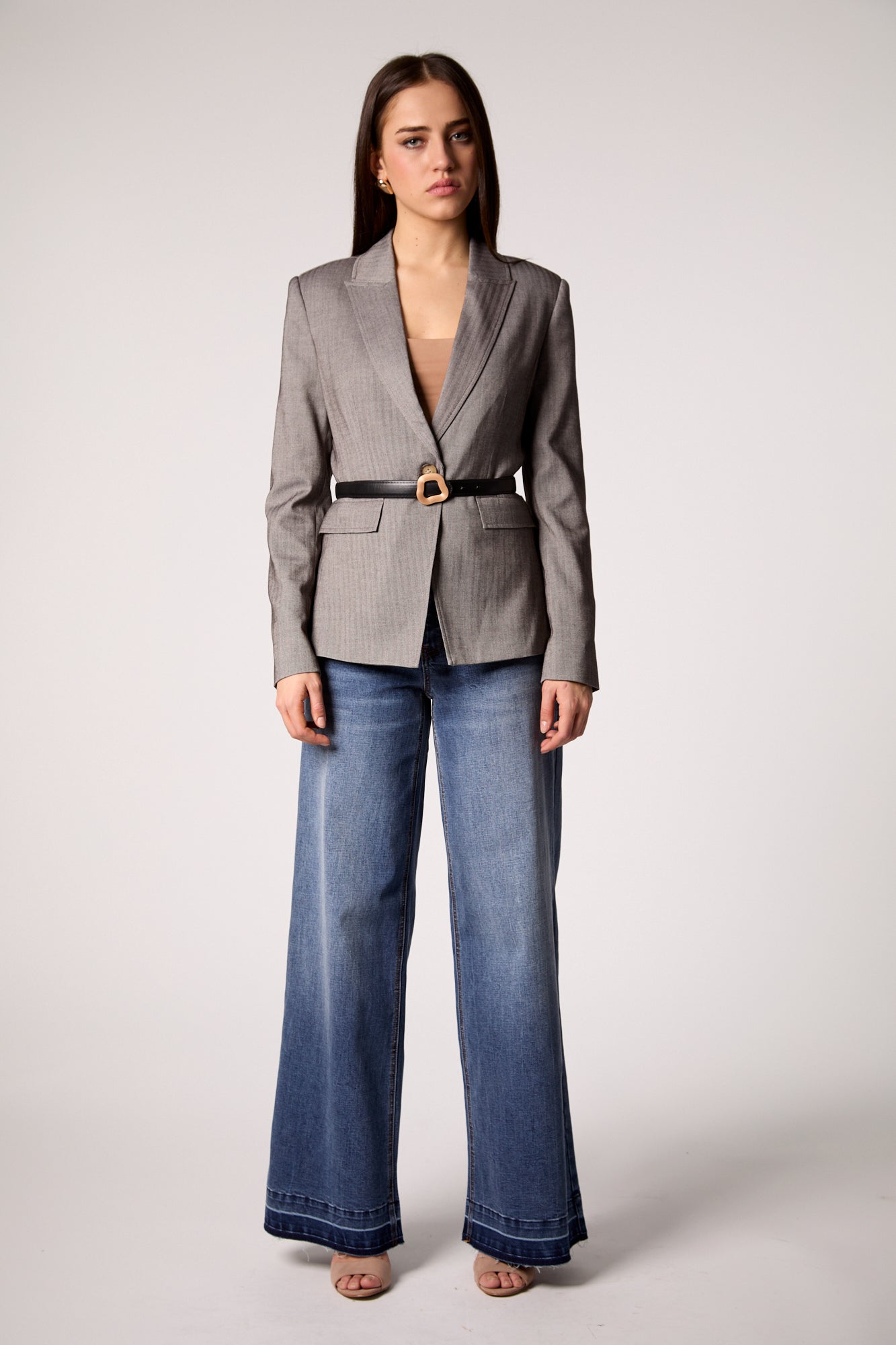 Taylor Belted Blazer in Grey Herringbone