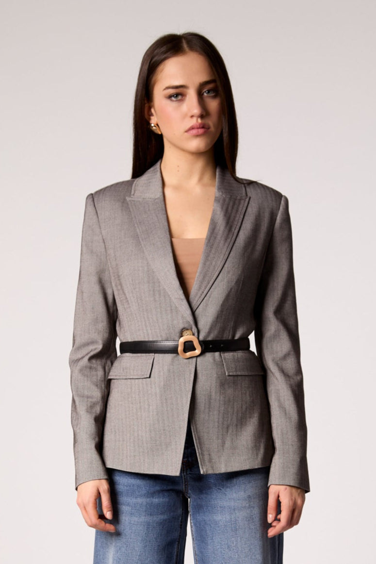 Taylor Belted Blazer in Grey Herringbone